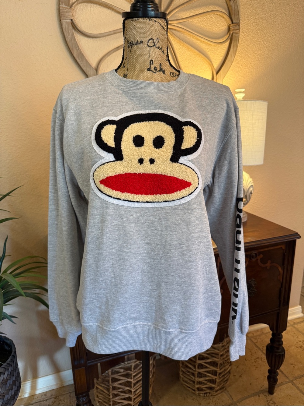 New Paul Frank Gray Graphic Crewneck Sweatshirt with Textured Patch-Junior L